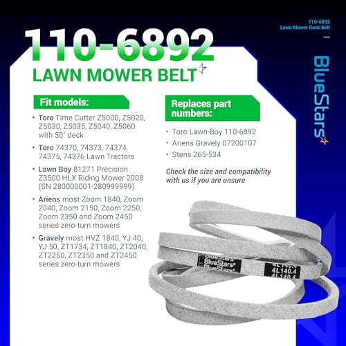Image of BlueStars 110-6892 Lawn Mower Deck Belt V-Belt | Aramid Cord | 1 /2 x 140.4 | Deck Belt V-Belt for 50 inch Deck Toro Time Cutter Z5000 Z5020 Z5030 Z5035 Z5040 ZZ5060 Mowers Ariens 07200107
