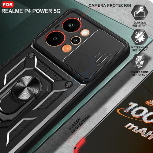 Image of AESTMO Tough Armor Realme P4 Power 5G Bumper Back Case Cover | Ring Holder & Sliding Camera Shield Cover | 360 Degree Protection Back Case Cover for Realme P4 Power 5G (Black)
