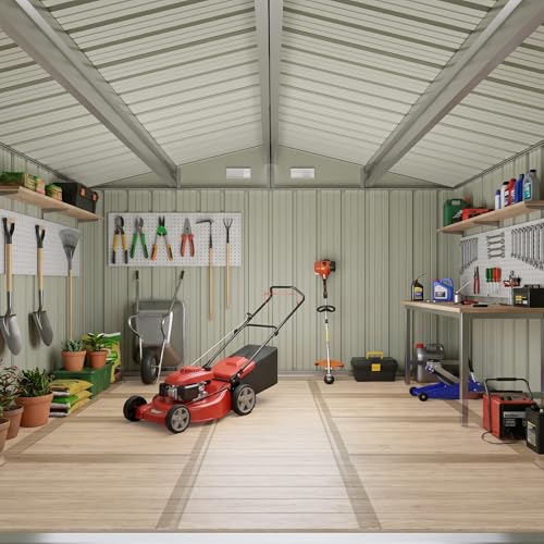 Image of Devoko 10x12 FT Outdoor Storage Shed with Galvanized Steel Floor Base, Metal Tool Shed with Slooping Roof for Garden Backyard Patio(Brown)
