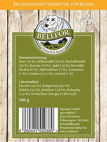 Bellfor Knabber-Schmaus Hundekekse mit frischem Entenfleisch – 100 g. Getreide- und glutenfreie Hundeleckerlis für Sensible Hunde. Natürliche Zahnpflege für Hunde