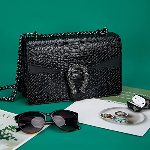 Image of Crossbody Shoulder Square Purse For Women - Fashion Embossed Snake-Print Leather Handbag Metal Chain satchel Tote Bag