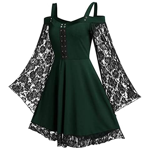 LUSHAasd Lace Dress Women Cold Shoulder Vintage Ball Gown Sheer Lace Crochet Bell Sleeve Steampunk Medieval Short Gothic Dress Cover