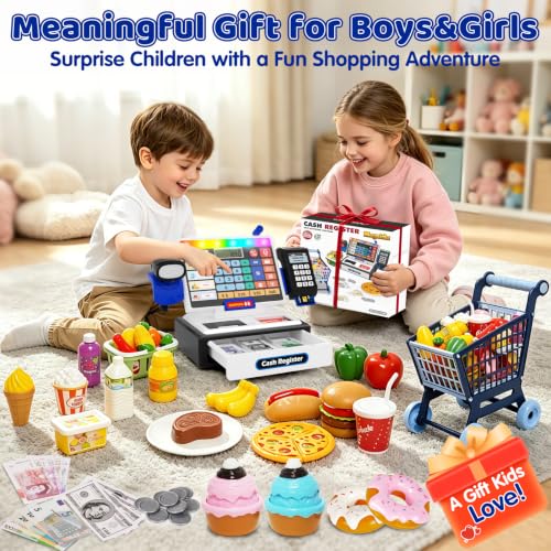 Image of LED Calculator Cash Register Toy with Shopping Cart- Pretend Play Set Kids Cash Register with Scanner, Microphone and Credit Card, Math Skills Toy for 3, 4, 5, 6 7 8+ Year Old Boy Girl