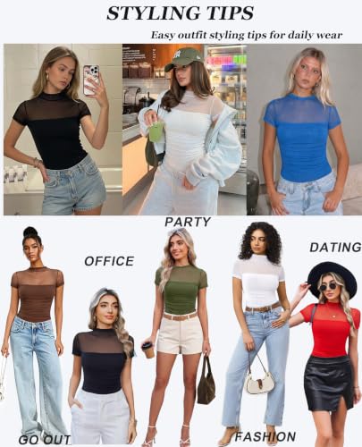 Image of Avidlove Women's Short Sleeve Bodysuit Turtle Neck Body Suits Mesh One Piece Leotard Going Out Tops Date Outfits