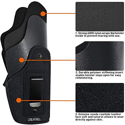 Creatrill Suede Leather Inside The Waistband Holster | Fits M&P Shield 9mm, .40, .45 Auto / Glock 26 27 29 30 33 42 43 / Ruger LC9 / Springfield XD & Similar Pistols | Gun Concealed Carry IWB Holster