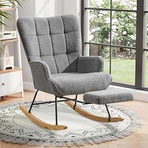 Ckaff Schaukelstuhl mit Fußstütze, Schaukelsessel mit Fußstütze, Teddystoff Gepolsterter Lesesessel Relaxstuhl Sessel mit Holzkufen für Wohnzimmer Schlafzimmer, Grau