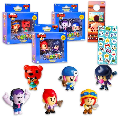Brawl Stars Mini Figures 6 Pack - Bundle with 6 Video Game Cupcake Topper Figurines Plus Stickers More | Brawl Stars Party Supplies Set (Styles May Vary)
