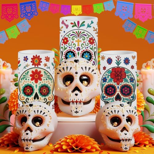 Image of Dia De Los Muertos Flameless Candles with Timer Remote 3 Pack | Halloween Flameless LED Candle Battery Operated Sugar Skull Day of The Dead Decoration