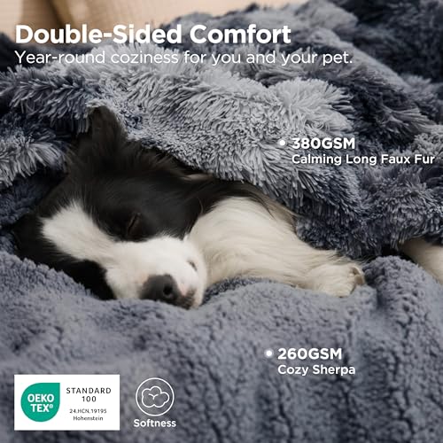 Bedsure Waterproof Dog Blankets for Large Dogs - Cat Blanket for Couch Protector Washable Long Faux Fur,Calming Soft Reversible Throw Furniture Protection for Puppy Pet, 50"x60", Tie-dye Grey - Image 5