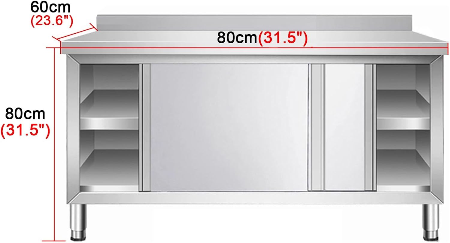 Stainless Steel Sliding Door WorkbenchH 80cm 1-Piece Track with Backrest Kitchen Work Table Fully Welded Construction Internal Shelving Storage Rack Adjustable Feet