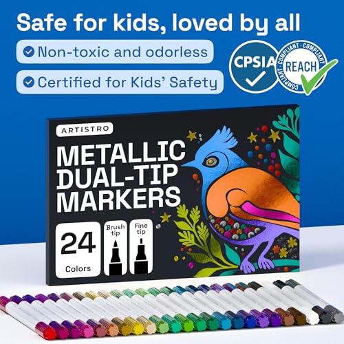 Image of Artistro 24 Metallic Acrylic Pens for Stone, Fabric, Wood, Glass, Crafts, Decoration - Dual Tip (Dot & Fine) Acrylic Markers - Scrapbooking & Art Supplies