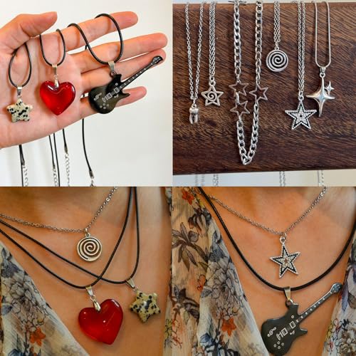 9 Pcs Y2K Grunge Goth Heart and Star Necklace Set for Women - Emo and Scene Accessories3