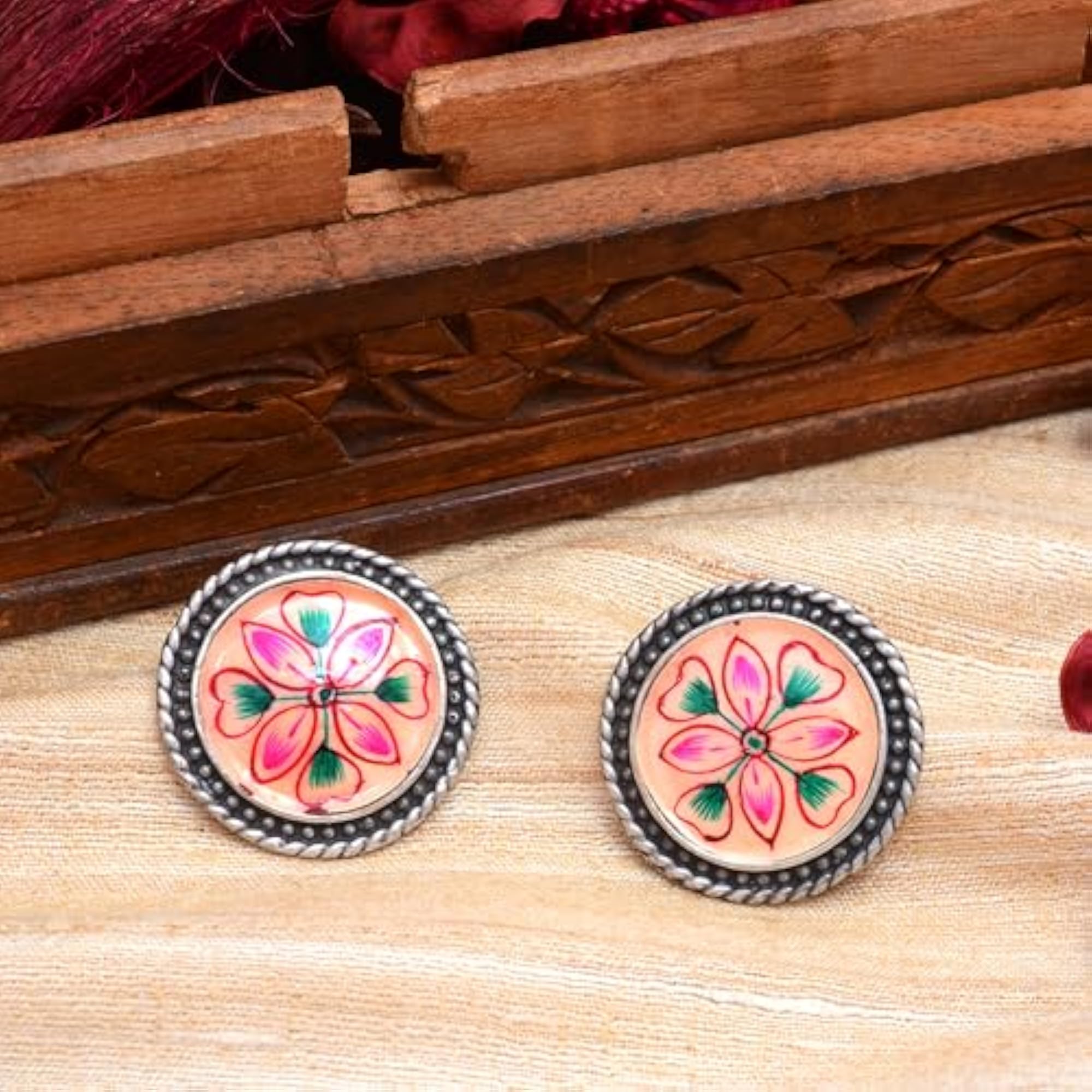 Women's Pink Enamel Stud Earrings, Oxidized Handmade