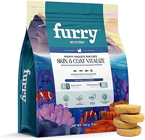 FURRY WONDER Freeze Dried Raw Cat Food Grain Free Mighty Nuggets for Cats 16 Ounce, Fish Recipe High Protein Dinner Patties for All Breeds and Life Stages