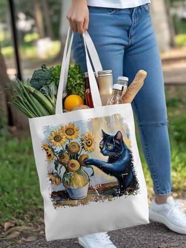 Canvas Tote Bags,Grocery Shopping Cloth Bag Retro SunFloral Cat Reusable Shoulder Bags Tote Bag for Travel Work Gym4