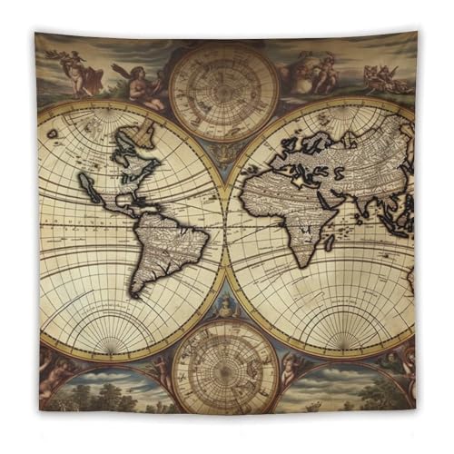 Tapisserie carte du monde antique carrée 152 cm avec outil de suspension