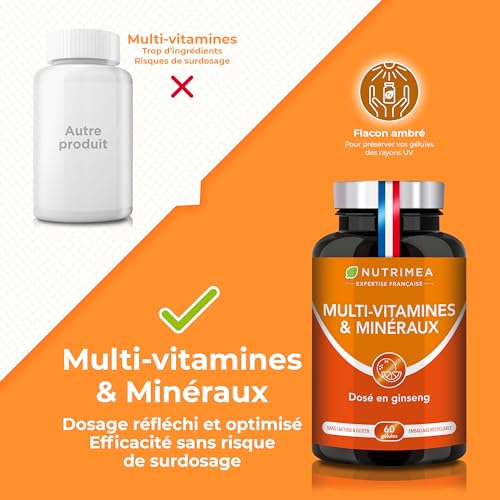 Multivitamines et Minéraux - 16 Vitamines & Minéraux + GINSENG - Vitamines A, B6, B9, B12, C, D3, E, Magnésium, Fer, Zinc & Calcium - Energie, Vitalité, Puissance - Fabrication Française - Nutrimea – Image 4
