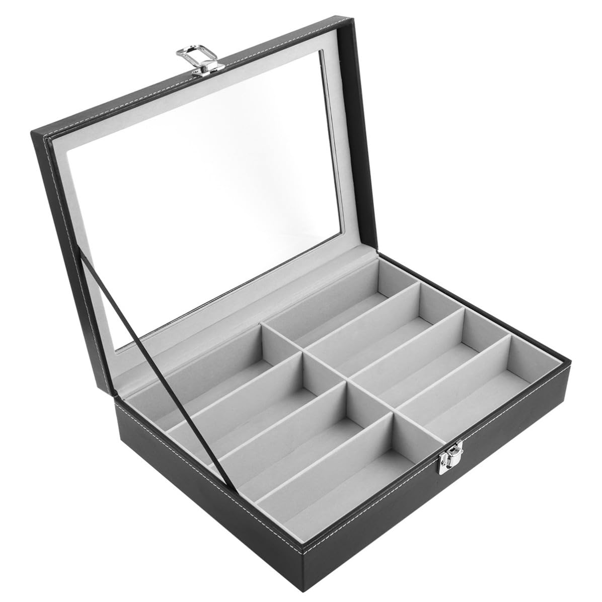 PartyKindom Boîte de Rangement pour Lunettes de Soleil pour Rangement Sûr Étui à Lunettes de Soleil Noir en Panneau de Densité, Pu, Verre, Flanelle et Métal, 8 Compartiments, Miroir