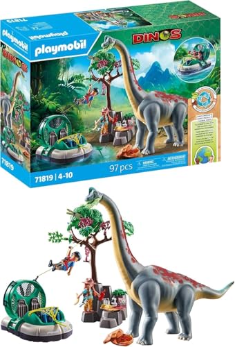PLAYMOBIL | Dinos | Encuentro con el Brachiosaurus y Aerodeslizador | Set de Juego de Dinosaurios | Aventura de Dinosaurios para niños y niñas a Partir de 4 años | 71819