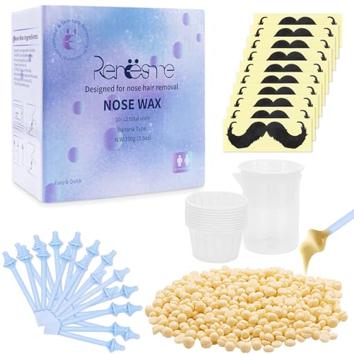 EOPUOZS Nose Wax Kit, cera para el pelo de la nariz, cera para la nariz con 100 g de granos de cera, 20 varillas para el pelo de la nariz, 10 recipientes, 1 vaso medidor de 100 ml, 10 adhesivos para