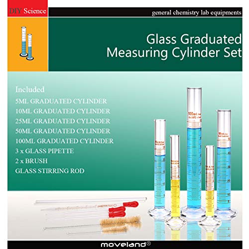 Moveland Glass Graduated Measuring Cylinders Set - 5Ml/10Ml/25Ml/50Ml/100Ml, Premium Borosilicate Cylinders Kit With 3 Pipettes + 2 Clear Brushes + 1 Stirring Rod #TOP6