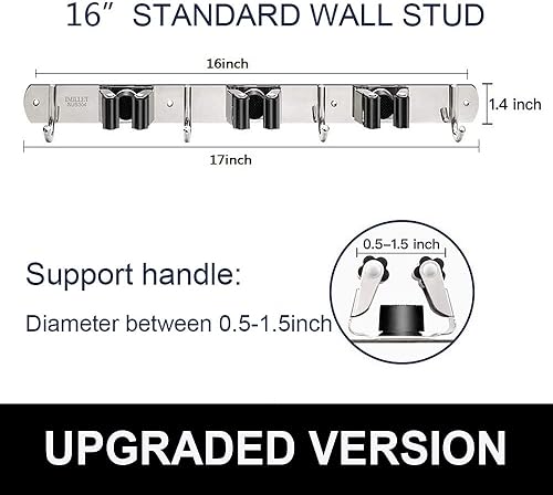 Miniatura 4 de IMILLET Soporte para escoba y fregona montado en la pared, soporte para escoba de acero inoxidable, soporte para fregona, organizador de