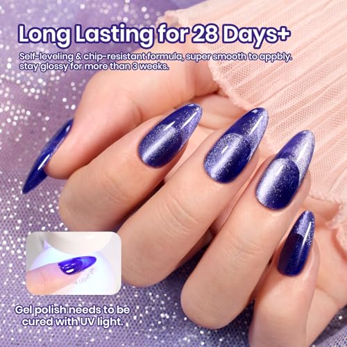 Image of Beetles Cat Eye Gel Nail Polish, 15ML Purple Cat Eye Holographic Glitter Gel Polish with Magnet Soak Off UV Shimmer Velvet Gel Celestial Veil Series French Nail Art Design Manicure Gifts for Women
