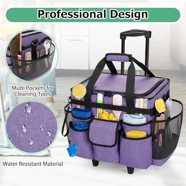 LoDrid Rolling Cleaning Caddy with Lid, Cleaning Supplies Organizer with Detachable Trolley, Cleaning Caddy Cart on Wheels with Handle and Shoulder Strap for Housekeepers, Purple, Bag Only