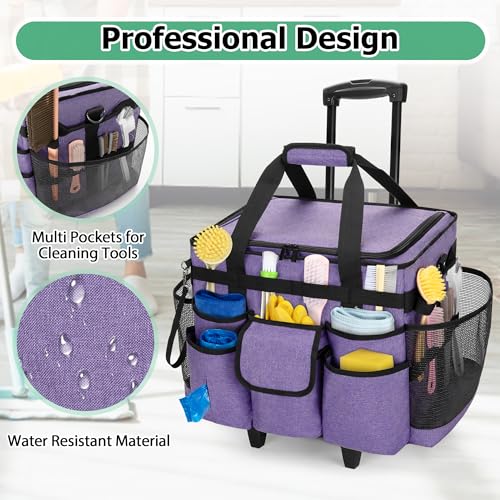 Image of LoDrid Rolling Cleaning Caddy with Lid and Detachable Trolley, Purple | Cleaning Supplies Organizer, Cleaning Caddy Cart on Wheels with Handle and Shoulder Strap for Housekeepers