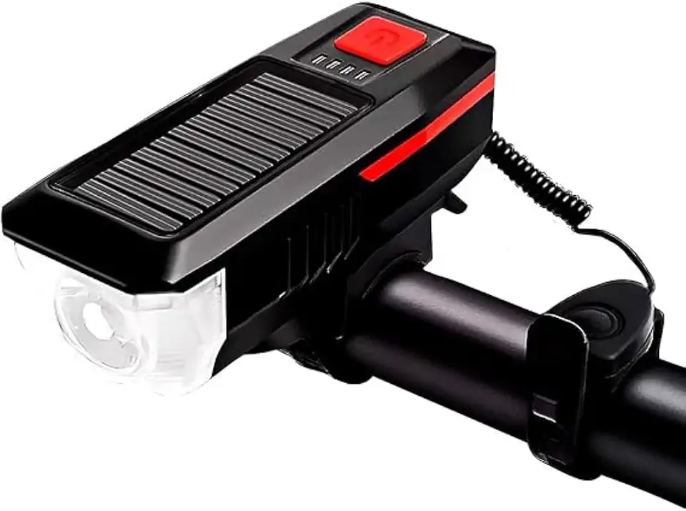 Farol LED para Bicicleta com Buzina À Prova D'água | Recarregável USB-C e Energia Solar | Controle Remoto no Guidão, 3 Modos de Iluminação