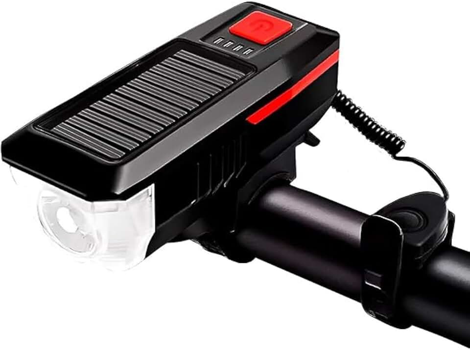 Farol LED para Bicicleta com Buzina À Prova D'água | Recarregável USB-C e Energia Solar | Controle Remoto no Guidão, 3 Modos de Iluminação