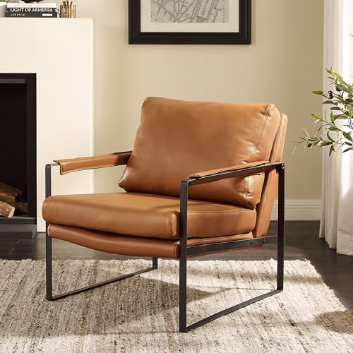 Art Leon Genuine Leather Accent Chair, Mid Century Modern Chair, Lounge Armchair with Black Metal Legs, Single Side Chair for Living Room Bedroom Small Spaces, Brown