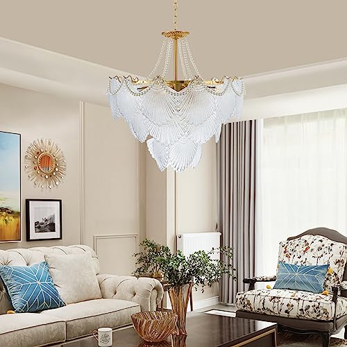 OYEIL Modern Crystal Chandelier 24" French Seashell Shape Pendant Lighting Golden Vintage Flush Mount Ceiling Light Fixture for Living Room Dining Room Bedroom - Image 3