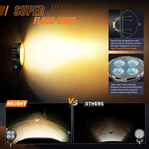 Image of Nilight 2PCS 3Inch 12W Amber Round LED Yellow Work Pods Driving Light 90 Flood Beam Built-in EMC Offroad Side Fog Lights for Tractor Truck Motorcycle Boat SUV ATV UTV