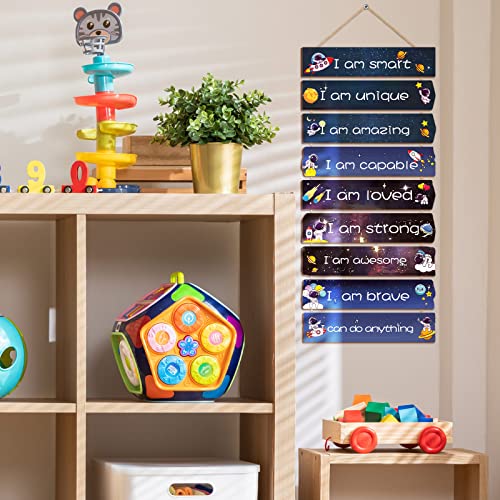 Chunful Set of 9 Boys Room Bedroom Decor Boys Inspirational Wall Decor Wood Hanging Plaque Motivational Kids Bedroom Wall Sign for Kids Teenage Toddler(Space)