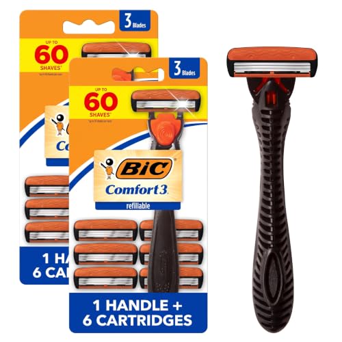 BIC Comfort 3 Refillable Three-Blade Disposable Razor for Men, Sensitive Skin Razor For a Comfortable Shave, 1 Handle and 6 Cartridges, 7 Piece Razor Set (Pack of 2)