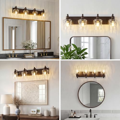 Image of Bathroom Light Fixtures Farmhouse Oil Rubbed Bronze Vanity Lights for Bathroom Lighting Fixtures Over Mirror with Hammered Glass Lampshade for Cabinet Mirror Bedroom Hallway 4 Light