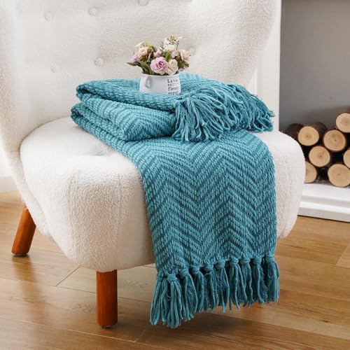 Image of BATTILO HOME Teal Throw Blanket for Couch, Knit Woven Turquoise Blanket Versatile for Chair, Super Soft Warm Decorative Blanket with Tassels for Bed, Sofa and Living Room, 60 inch x 80 inch