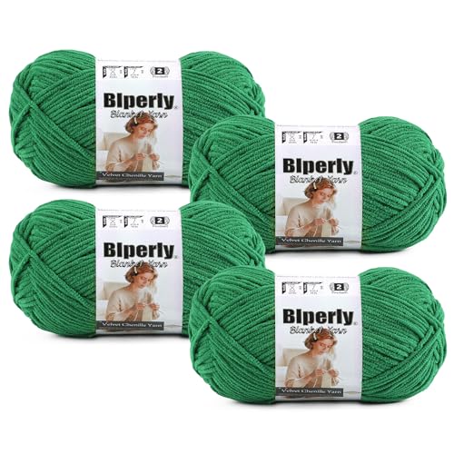 Image of Skinny Chenille Yarn for Crocheting #2 Green Thin Baby Blanket Plush Yarn | 4 Pack of 158 Yds, 1.7 Oz Sport Fingering Weight Fine Yarn, Soft Fluffy Velvet Yarn for Crochet knitting Blankets, Amigurumi