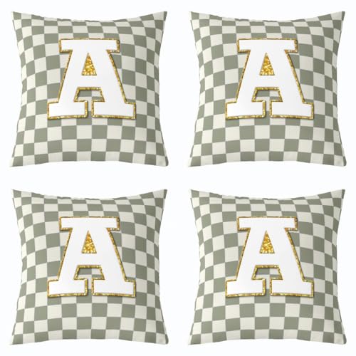 Image of Erosebridal Sage Green Checkered Throw Pillow Covers 22x22 Set of 2 Plaid Initial A Pillow Covers Personalized Monogram Cushion Cover Fashion Grids Gingham Pillow Cases for Couch Sofa