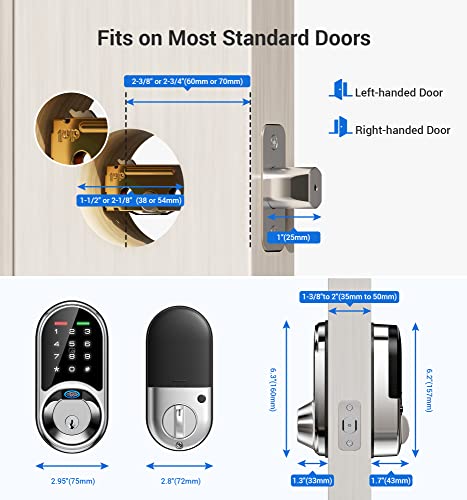 Veise, Fingerprint Door Lock, 7-In-1 Keyless Entry Door Lock With App Control, Electronic Touchscreen Keypad, Smart Deadbolt, Biometric Smart Locks For Front Door, Satin Nickel #TOP5
