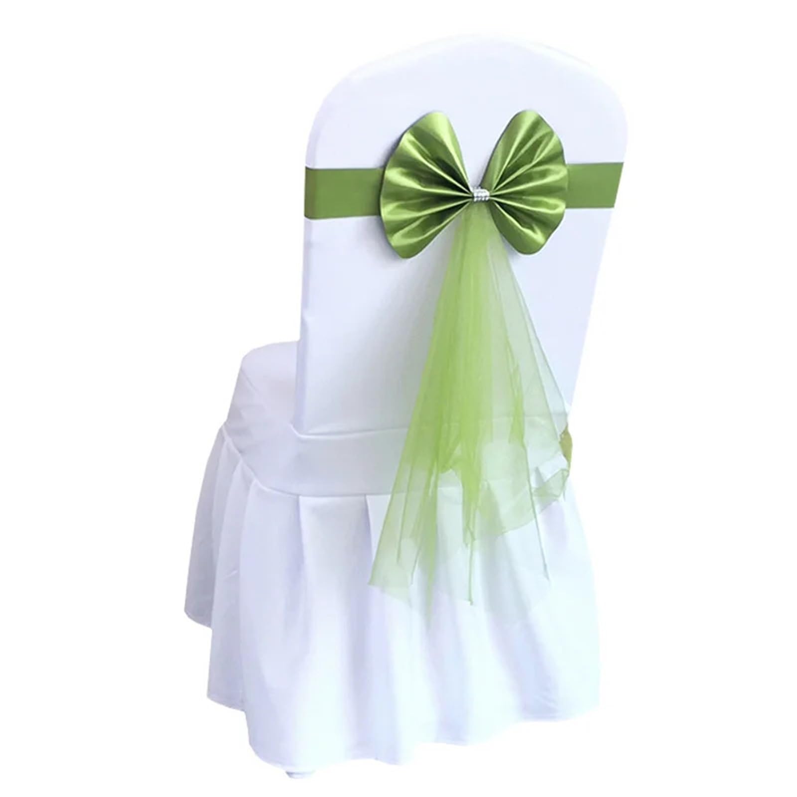 Cubierta nudo cinta raso y fajas para sillas de boda de gasa verde 6 uds