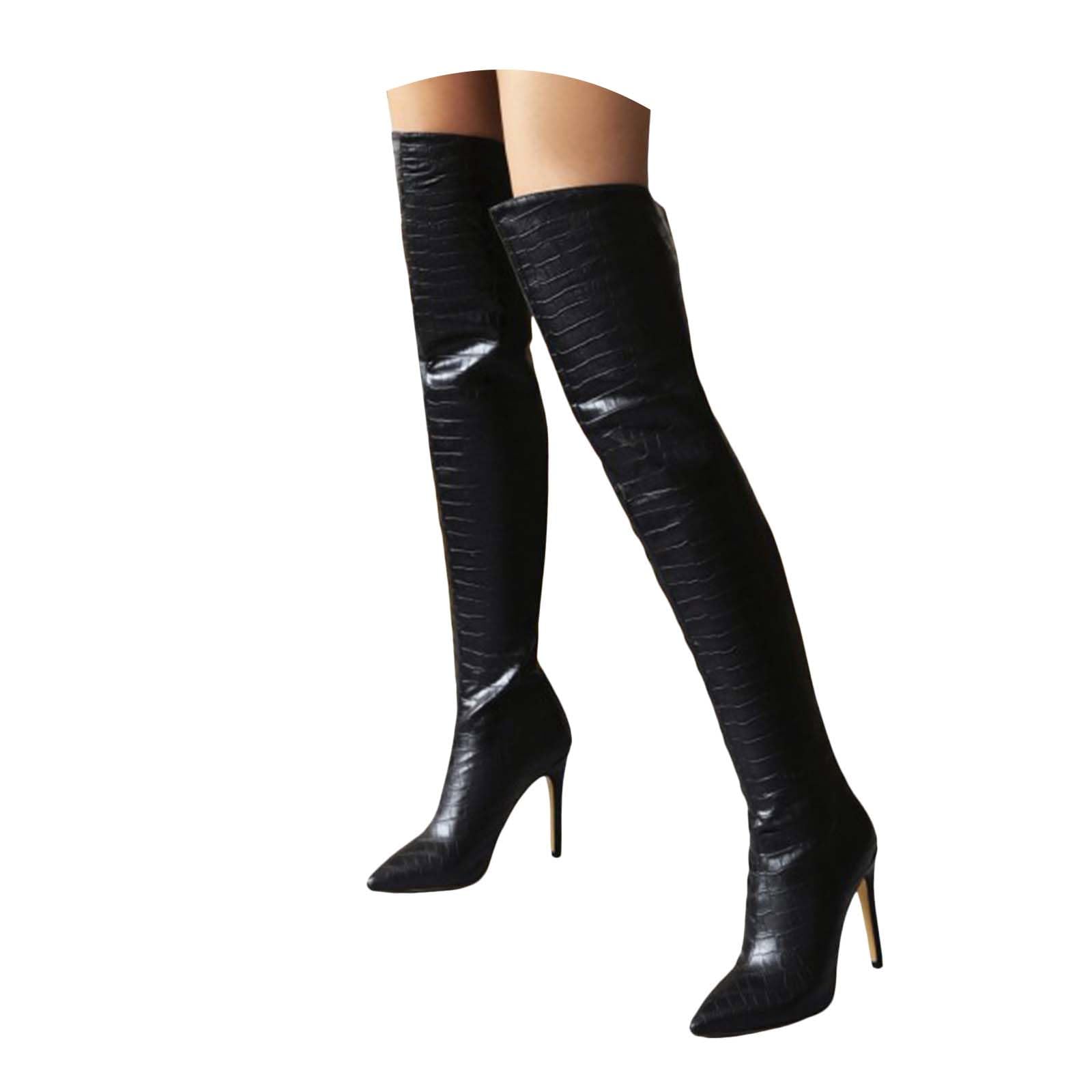 Women Faux Snakeskin Thigh High Over The Knee Boots Pointed Toe Stiletto Heel Fashion Dress Boots Pull On