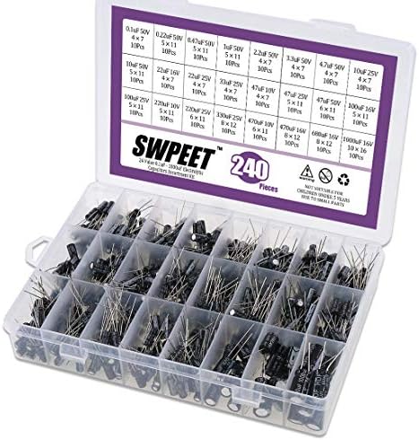 Swpeet 240Pcs 24 Kinds Different Electrolytic Capacitors Range 0.1uF-1000uF Assortment Kit, 10V/16V/25V/50V Aluminum Radial Electrolytic Capacitors for TV, LCD Monitor, Radio, Stereo, Game