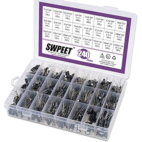 Swpeet 240Pcs 24 Kinds Different Electrolytic Capacitors Range 0.1uF－1000uF Assortment Kit, 10V/16V/25V/50V Aluminum Radial Electrolytic Capacitors for TV, LCD Monitor, Radio, Stereo, Game Cover