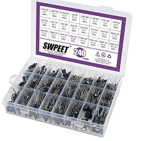 Swpeet 240 szt., 24 rodzaje różnych kondensatorów elektrolitycznych, zakres 0,1uF-1000uF, zestaw asortymentowy, 10 V/16 V/25 V/50 V, aluminiowe promieniowe kondensatory elektrolityczne do telewizora