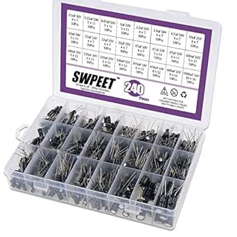 Swpeet 240Pcs 24 Kinds Different Electrolytic Capacitors Range 0.1uF－1000uF Assortment Kit, 10V/16V/25V/50V Aluminum Radial Electrolytic Capacitors for TV, LCD Monitor, Radio, Stereo, Game