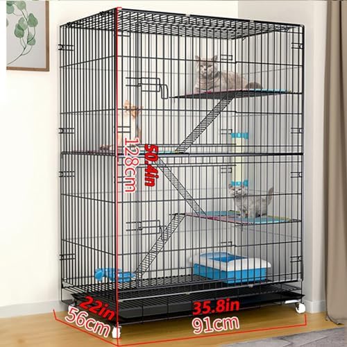Collapsible 3/4-Tier Cat Cage with 360° Wheels, Indoor Cat Enclosure with Platforms & Ladder, DIY Playpen with Tray, Detachable Metal Kennels (Black, 24x17x38/60x42x96cm)