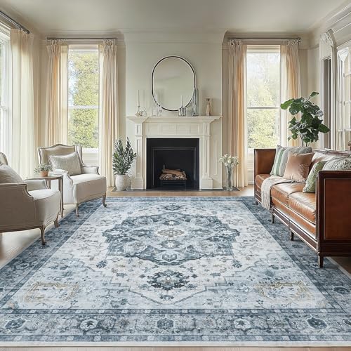 AMADA HOMEFURNISHING 8x10 Area Rug, Washable Low-Profile Large Area Rug with Non-Slip Backing & Durable Edge Binding, Vintage Large Rugs for Living Room, Bedroom