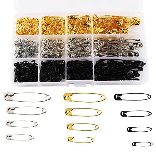 CHAVA Safety Pins 540pcs Assorted Size Metal Sewing Pins Headscarf Hijab Brooches Pins with Storage Box for Home Office Cloth Label Crafting 4 Sizes Gold Silver Black